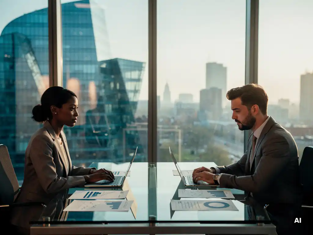 Vrouwelijke analist en mannelijke adviseur overleggen aan modern bureau met laptops en rapporten, Rotterdamse skyline op achtergrond.