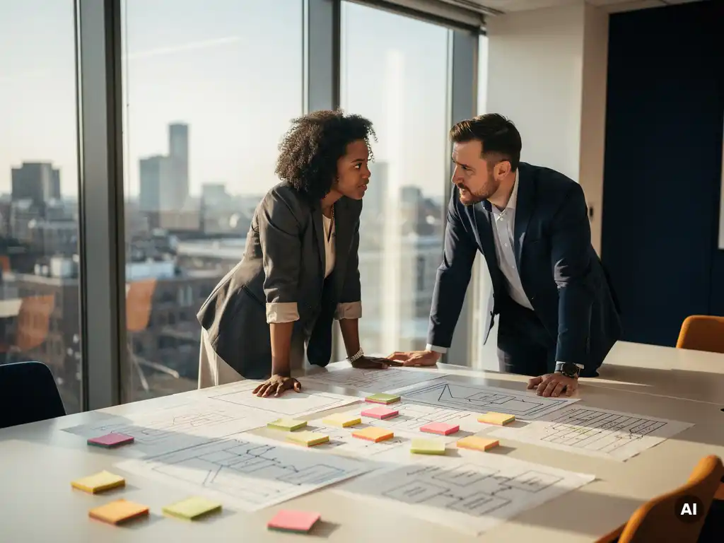 Twee collega's bespreken processtroomdiagrammen en sticky notes op een vergadertafel in een modern Rotterdams kantoor met panoramaramen.