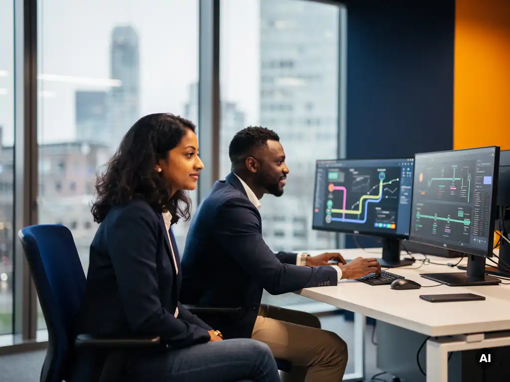 Twee collega's in een modern Rotterdams kantoor bekijken data-dashboards op monitoren, professionele sfeer met natuurlijk licht.