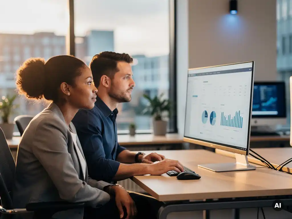 Twee collega's bekijken salarisdata op een groot scherm in een modern IT-kantoor in Rotterdam.